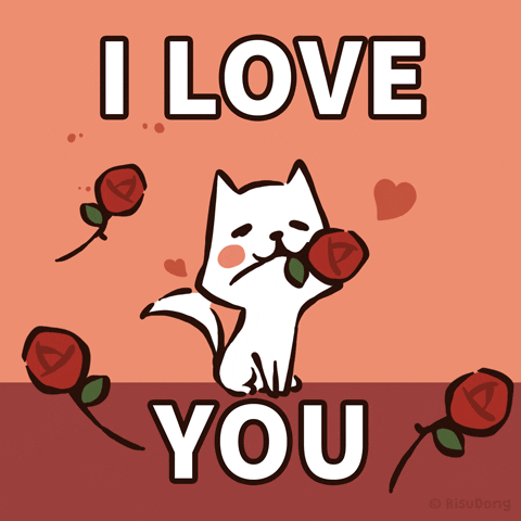 Kawaii gif. A little white puppy sits and wags its tail quickly while holding a rose in its mouth. There are roses strewn around it and hearts burst out from its little body, and the text reads, "I love you!"