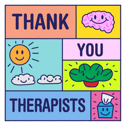 Text gif. Big rectangle made of smaller, colored rectangles filled with the words "thank," "you," "therapists," along with a smiling brain, a smiling sun and rainbow, a smiling succulent, and a smiling tissue box.