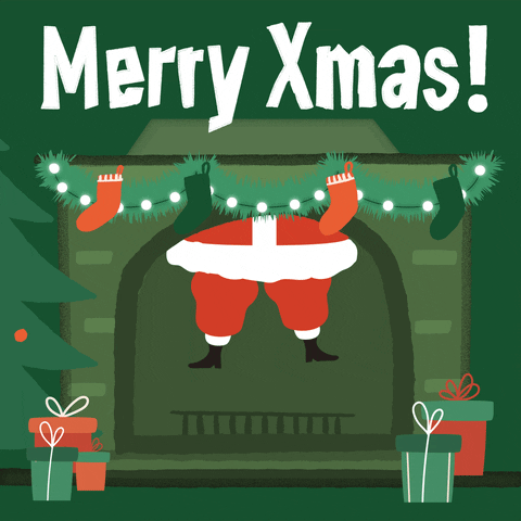 Cartoon gif. We see an empty fireplace with Santa Claus's feet and lower half dangling out of the chimney. The mantle is decorated with stockings and lights, and there are presents and a Christmas tree beside the fireplace. Text, "Merry Xmas!"