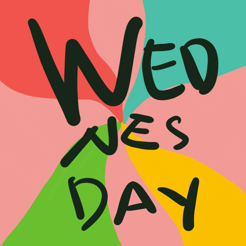 Text gif. Handwritten dark green text reading "Wednesday," expands and contracts, divided into three syllables, over a spirally pink, turquoise, yellow, red, and green background.