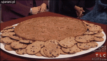 TV gif. A shot of a giant pizza-sized cookie on a plate, surrounded by normal-sized cookies. We pan over to the Cookie Monster from Sesame Street, who looks elated by this turn of events.