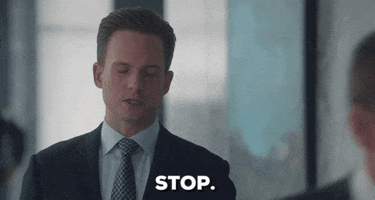 TV gif. Character Michael Ross firmly says "Stop." with a flat expression on his face.