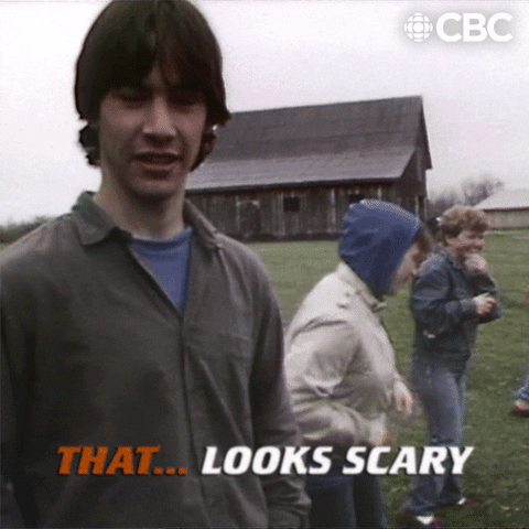 Celebrity gif. Young Keanu Reeves stands in an open field with an abandoned house in the background. He says matter-of-factly, "That... looks scary," which appears as text.
