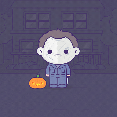 Cartoon gif. Cute illustrated version of Michael Myers from Halloween, who stares at us while standing in front of a grayed-out suburban home and next to a glowing jack-o-lantern, raises up a knife from his side.