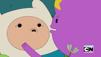 Cartoon gif. Lumpy Space Princess and Finn from Adventure Time hold each other close and kiss.