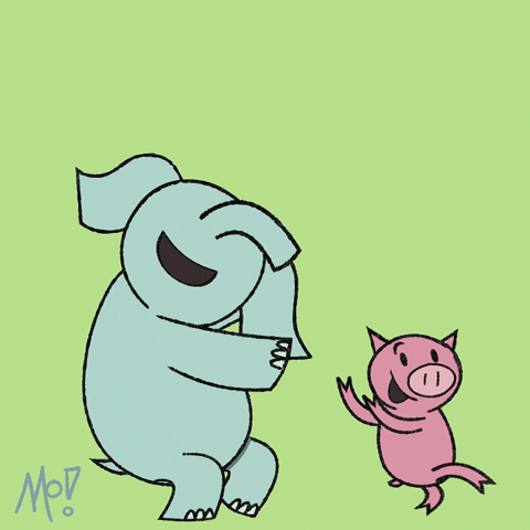 Cartoon gif. Elephant and Piggie from Mo Willems" Elephant and Piggie series dance excitedly with happy expressions. "Yay" text flashes as they move against a background that alternates between yellow and green. 