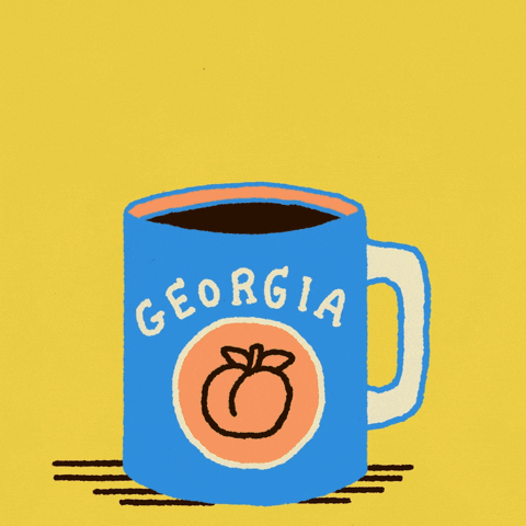 Digital art gif. Blue mug full of coffee featuring a peach labeled “Georgia” rests over a yellow background. Steam rising from the mug reveals the message, “Vote early.”