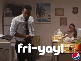 Ad gif. A man next to an office printer dances with a can of Pepsi in his hand. A woman at an office desk shimmies in her chair and watches him. Text, "Fri-yay." 