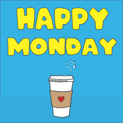 Illustrated gif. A paper coffee cup with a red heart on the sleeve emits puffs of heart-shaped steam. Text, Happy Monday.