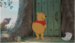Gif of winnie the pooh with a rumbling tummy, pulling his tshirt down