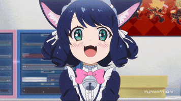Anime gif. Cyan from Show By Rock smiles widely with sparkles in her eyes, and then suddenly her expression changes to confusion, losing the sparkle in her eyes as her eyebrows furrow down. Question marks surround her head.