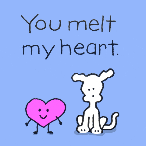 Illustrated gif. Chippy the Dog and a pink heart sit side by side and the text above them reads, "You melt my heart." The pink heart slowly melts and Chippy uses both paws to point at it.