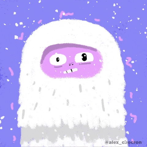 Illustrated gif. A purple yeti wearing a white fur coat shivers as snow falls around it and its eyes are going in different directions.