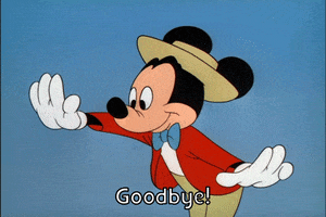 Disney gif. Mickey Mouse, in a bowler hat, red jacket and khaki pants, puts one hand on his hip and waves the other goodbye. Text, "Goodbye."