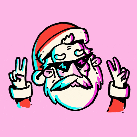 Illustrated gif. Santa flashes peace signs, wearing triangular sunglasses and looking cool, while club lights flash around. 