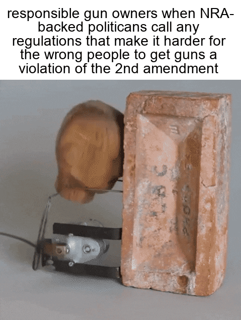 Meme gif. Crudely-made machine that automatically bangs a wooden head figure into a brick repeatedly. Text, "Responsible gun owners when N-R-A backed politicians call any regulations that make it harder for the wrong people to get guns a violation of the Second Amendment."