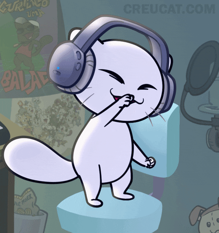 Cartoon gif. Créu Cat, a fluffy, white, cartoon cat, jams out in headphones and dances on an office chair. 
