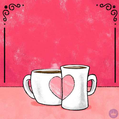 Illustrated gif. Two mugs of coffee, one wide and one skinny, huddled next to each other. The design on each one is half of a pink heart, and together, they form a whole heart. Steam from the coffee rises into the shape of a heart and dissipates. Text, "Here's to the perfect blend of love and friendship."