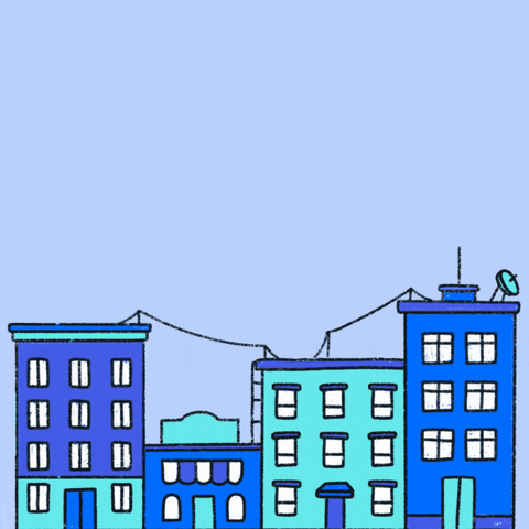 Illustrated gif. Row houses of varying heights and shades of blue line up beneath a pale blue sky. Text, "Let's not abandon our streets or choose between safety and equal justice."