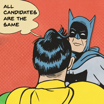 Cartoon gif. Robin says to Batman, “All candidates are the same.” Masked Batman slaps Robin across the face and says, “No. Read a voting guide.”