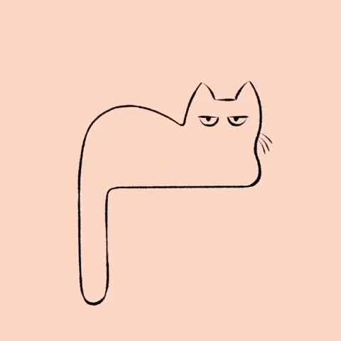 Illustrated gif. Simple cat with just two half opened eyes and a wagging tail yawns widely to reveal its mouth.