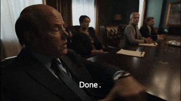 TV gif. Rex Linn as Kevin on Better Call Saul taps his fist on a conference table as he says, "Done. Finito," to the people sitting at the other end.