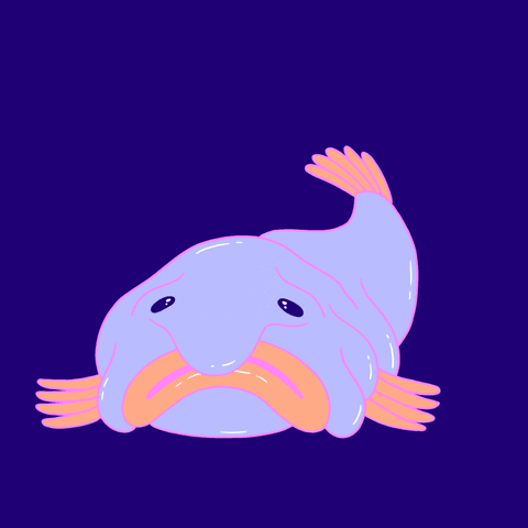 Illustrated gif. Frowny, periwinkle colored blob fish floats up and down as its feathery peach hued fins flutter in tandem.