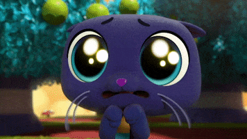 Cartoon gif. Bartleby the purple cat from True and the Rainbow Kingdom holds its paws up to its face as its wide eyes glow as if terrified. 