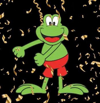 Kreslený pohyblivý gif k svátku s tancující žabičkou v červených kraťasech se zlatými padajícími konfetami.