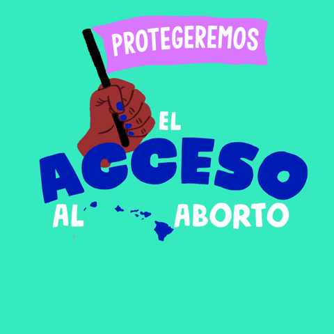 Text gif. Brown hand with blue fingernails in front of mint green background waves a lavender-purple flag up and down that reads, “Protegeremos” followed by the text, “El acceso al aborto Hawaii.”