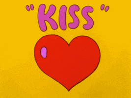 Digital art gif. A red heart rests on a yellow background as pink text above it explodes into an array of hearts. Text, "Kiss."