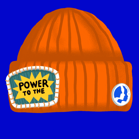 Digital art gif. Orange beanie with the Women’s March logo against a bright blue background. A patch on the beanie says, “Power to the” and is paired with a patch that says, “People,” which is covered by a patch that says, “Ballot Box,” which is then covered by a patch that says, “Climate.”