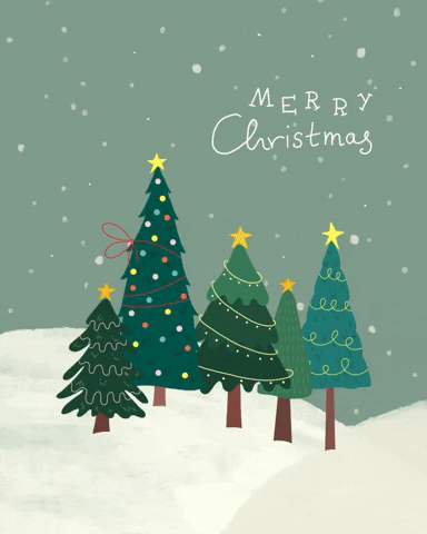 Digital illustration gif. Cluster of 5 Christmas trees in a row are decorated with lights and ornaments in a snowy hillside setting. Snow sparkles all around them. Text, "Merry Christmas."