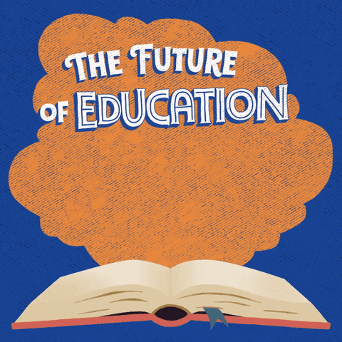 Digital art gif. Orange cloud hovers over an open book against a blue background. Text, “The future of education in Maine is on the ballot.”