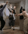 Seinfeld gif. Jerry Seinfeld as himself, Julia Louis-Dreyfus as Elaine, and Jason Alexander as George in Jerry’s apartment, tapping their feet in celebration. They scream and raise their hands up as if the best thing ever has happened.
