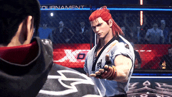 Video game gif. Hwoarang from Tekken is in the middle of a fight and he smirks at his opponent and gestures them with an outstretched hand to come closer.
