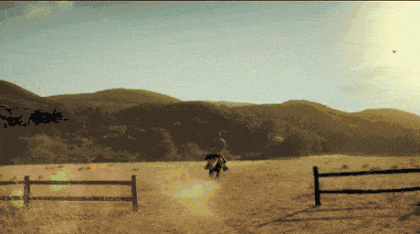Gif of a cowboy riding away from a ranch and immediately falling off his horse with text: The End.