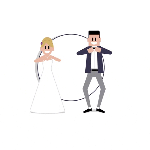 Kreslený pohyblivý obrázek s tancujícím svatebním párem na pozadí objevujícího se nápisu "Wedding Vibes". 