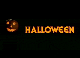 Text gif. Light flickers in a floating jack-o-lantern beside text that flashes from light orange to dark and reads, "Halloween."