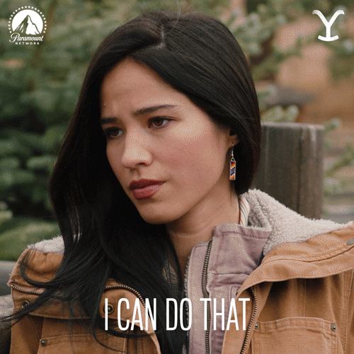 TV gif. Kelsey Asbille as Monica from Yellowstone. She sighs as her eyes dart around and she nods while saying solemnly, "I can do that."