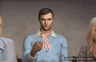 Digital art gif. A man resembling celebrity Ed Skrein, dressed in a blue button-up shirt with a pink patterned tie, is seated between two other people. He throws gold confetti into the air and cocks his head to the side, face expressionless.