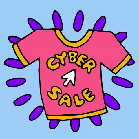 Illustrated gif. Pink T-shirt with orange trim and a white cursor in the center, surrounded by orange text that reads "Cyber Sale."