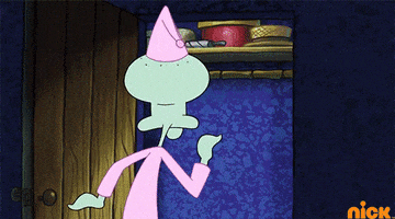 SpongeBob gif. Standing in his PAJamas and nightcap in front of his closet, Squidward browses through his Halloween costumes. First he pulls out a Frankenstein costume, then a pink bunny.