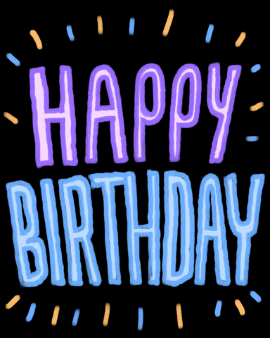 Text gif. The words “Happy Birthday” bounce back and forth in festive colors in all caps on a black background.