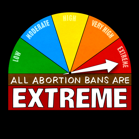 Digital art gif. Colorful gauge on a black background, bearing the levels "low moderate high very," indicator maxing out at "extreme." Text, "All abortion bans are extreme."