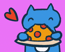 Cartoon gif. A blue cartoon cat happily munches on a slice of pepperoni pizza in closed-eye bliss as little red hearts float up from his head. 
