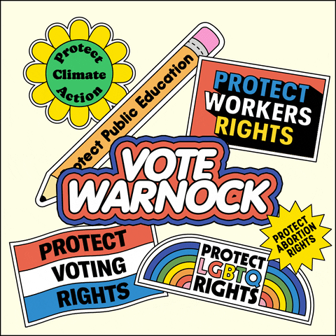 Digital art gif. Collection of stickers on a white background, brightly colored and full of energy, a flexing daisy that reads "protect climate action," a bobbing pencil that reads "protect public education," a waving flag that reads "protect voting rights," an oscillating marquee that reads "protect workers rights," a twirling dodecagram that reads "protect abortion rights," an oscillating rainbow that reads "protect LGBTQ rights," and front and center, a flashing neon sign that reads "Vote Warnock."
