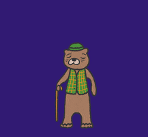 Illustrated gif. Otter dressed like an old man, taps the ground with his cane, then stretches it toward the sky, where fireworks burst out.