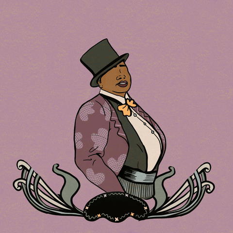 Illustrated gif. Woman wearing an olive-green top hat and vest, yellow bowtie, and light brown jacket posed inside a floral-border vignette that builds up from below. Plaque at the bottom of the vignette reads "Musician," and plaque at the top reads "Gladys Benley."