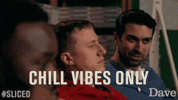 TV gif. David Mumeni as Mario from Sliced flashes a peace sign and a corny smile at friends. Text, "chill vibes only."
